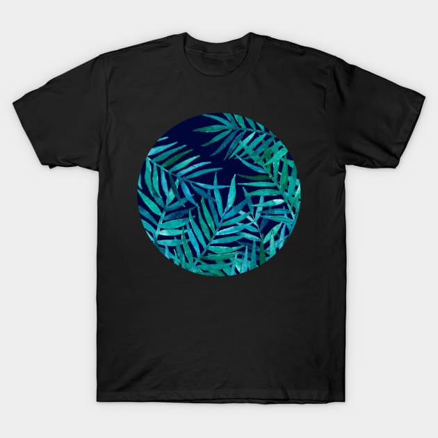 Watercolor Palm Leaves on Navy T-Shirt by micklyn